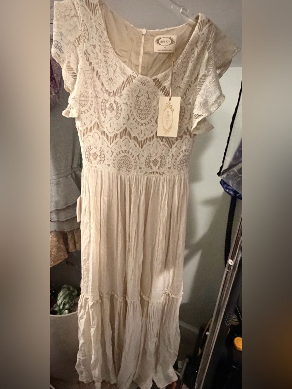 Joyfolie Cream Lace Maxi Dress with Flutter Sleeves